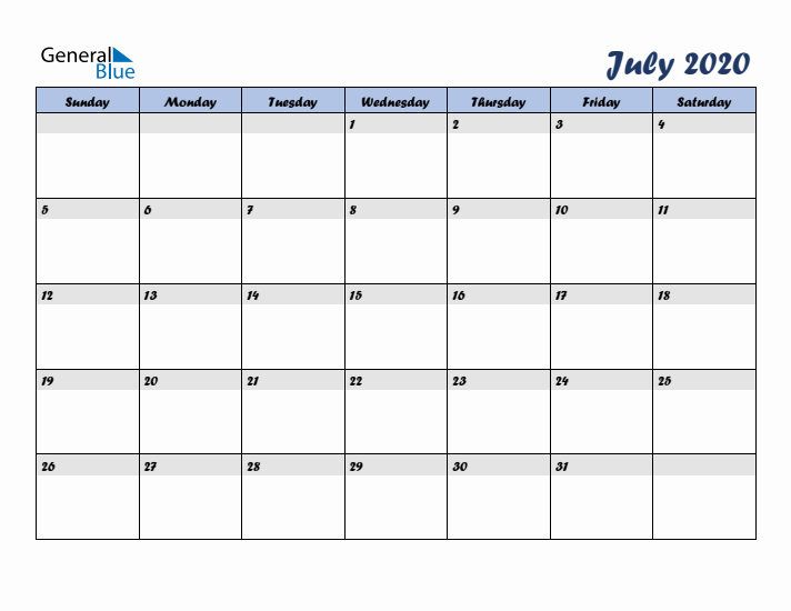 July 2020 Blue Calendar (Sunday Start)