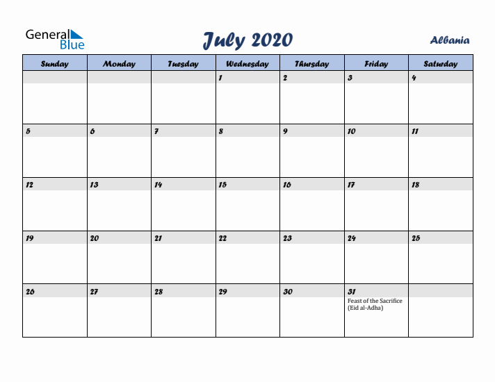 July 2020 Calendar with Holidays in Albania