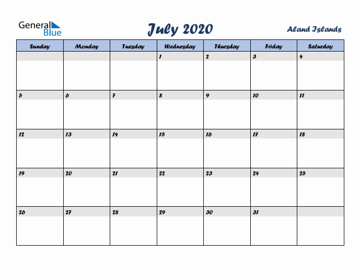 July 2020 Calendar with Holidays in Aland Islands