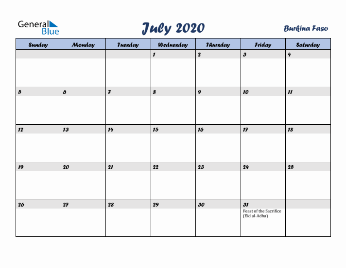 July 2020 Calendar with Holidays in Burkina Faso