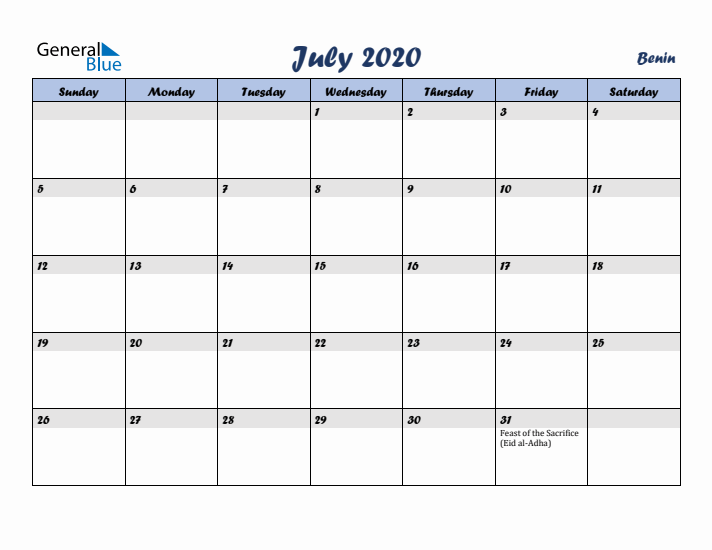 July 2020 Calendar with Holidays in Benin