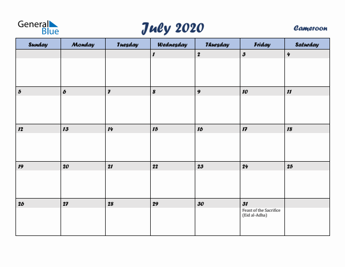 July 2020 Calendar with Holidays in Cameroon