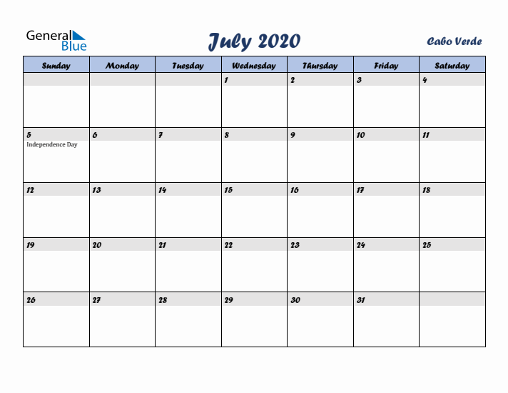 July 2020 Calendar with Holidays in Cabo Verde