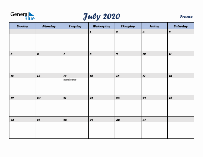 July 2020 Calendar with Holidays in France