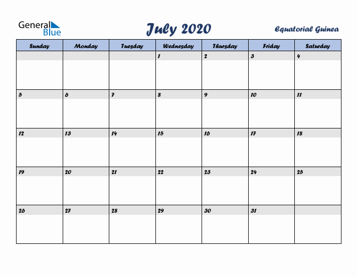 July 2020 Calendar with Holidays in Equatorial Guinea