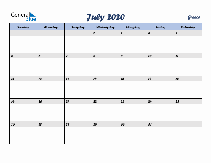 July 2020 Calendar with Holidays in Greece