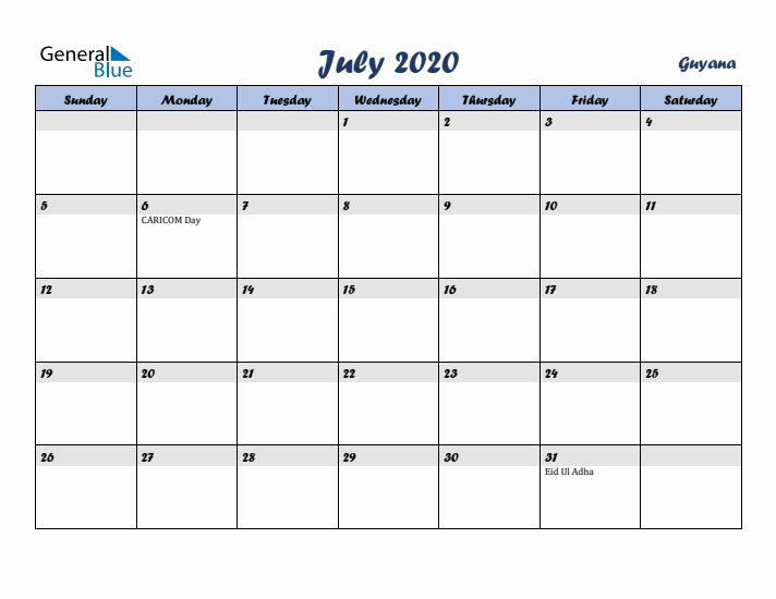 July 2020 Calendar with Holidays in Guyana