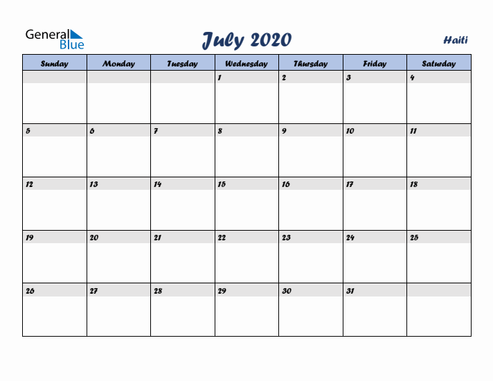 July 2020 Calendar with Holidays in Haiti