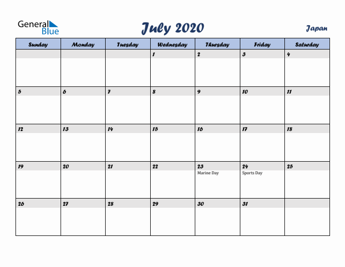 July 2020 Calendar with Holidays in Japan