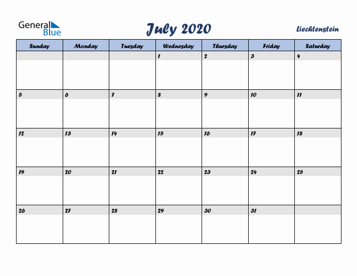 July 2020 Calendar with Holidays in Liechtenstein