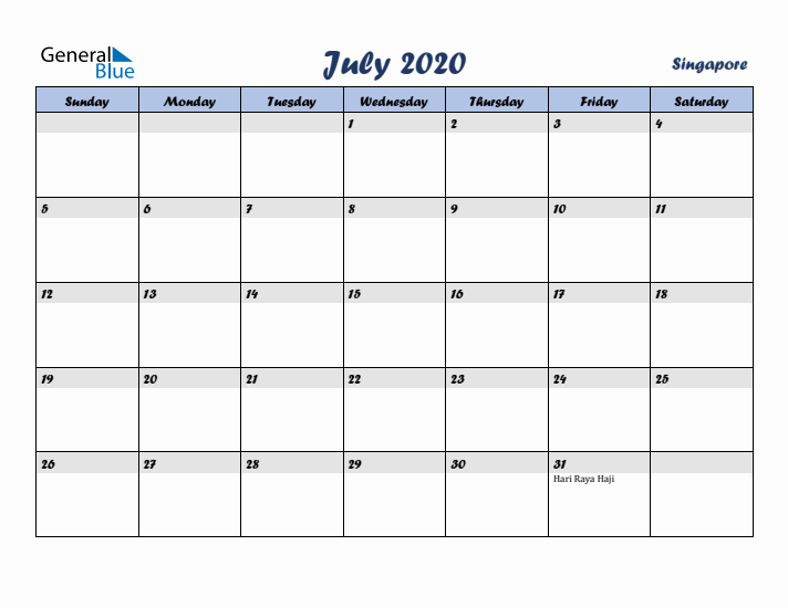 July 2020 Calendar with Holidays in Singapore