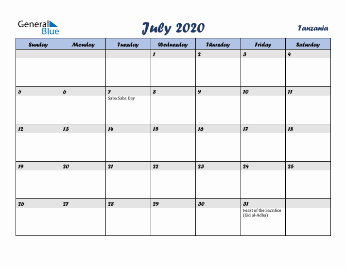 July 2020 Calendar with Holidays in Tanzania