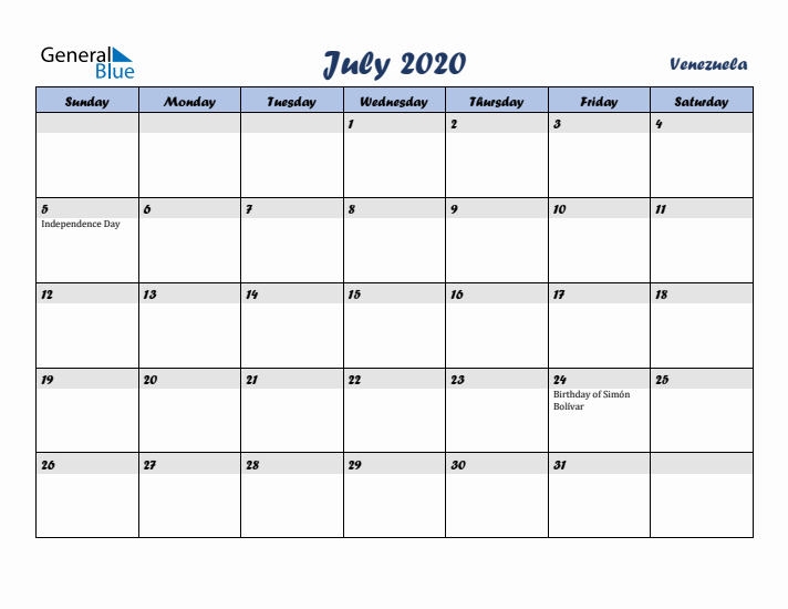 July 2020 Calendar with Holidays in Venezuela