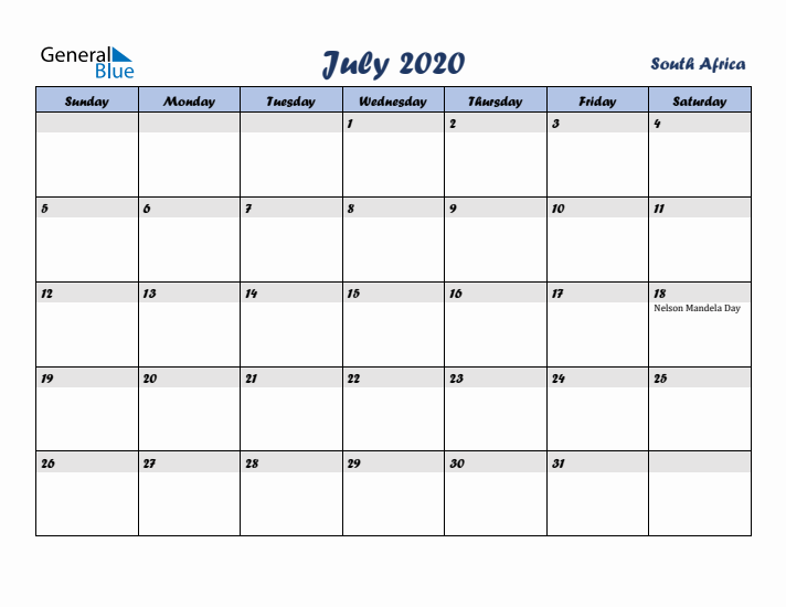 July 2020 Calendar with Holidays in South Africa