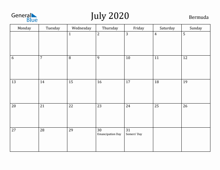 July 2020 Calendar Bermuda