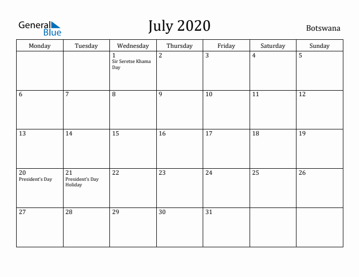 July 2020 Calendar Botswana