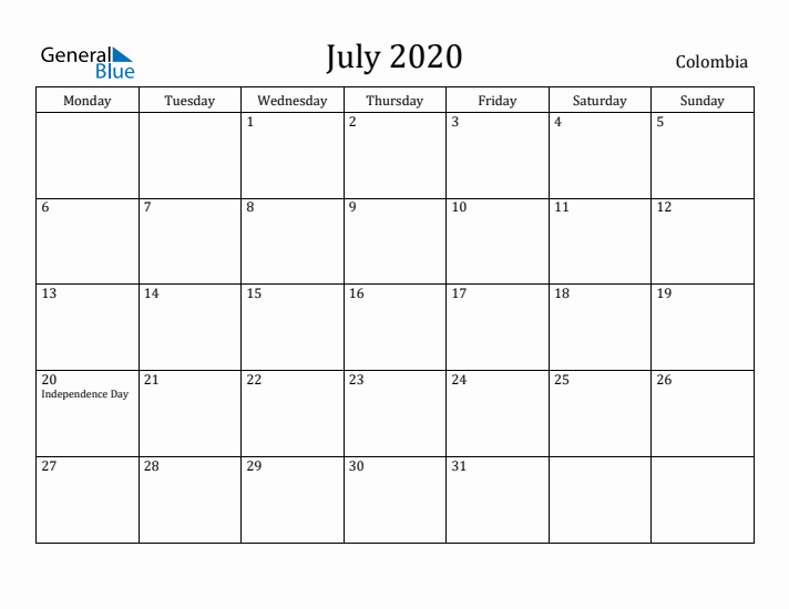 July 2020 Calendar Colombia