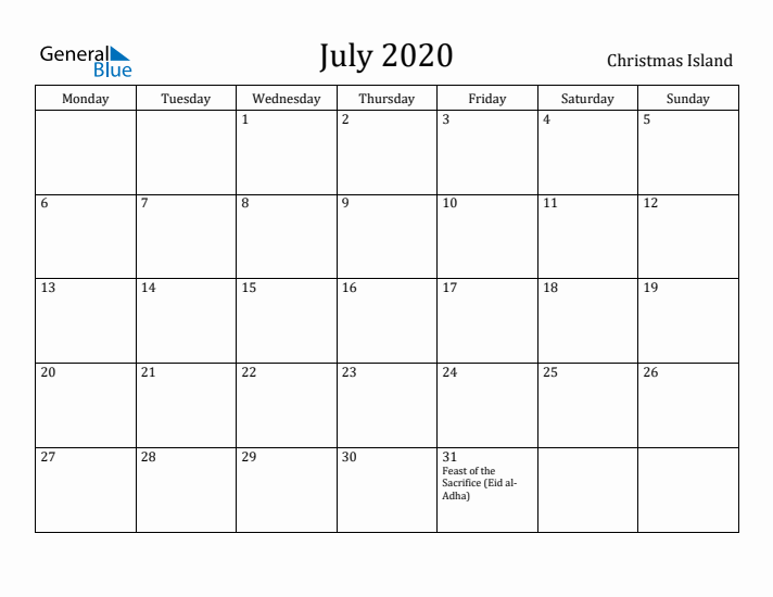 July 2020 Calendar Christmas Island