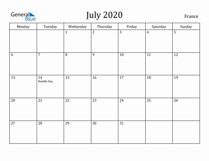 July 2020 Calendar France