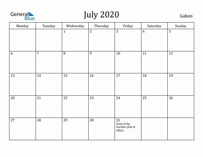 July 2020 Calendar Gabon