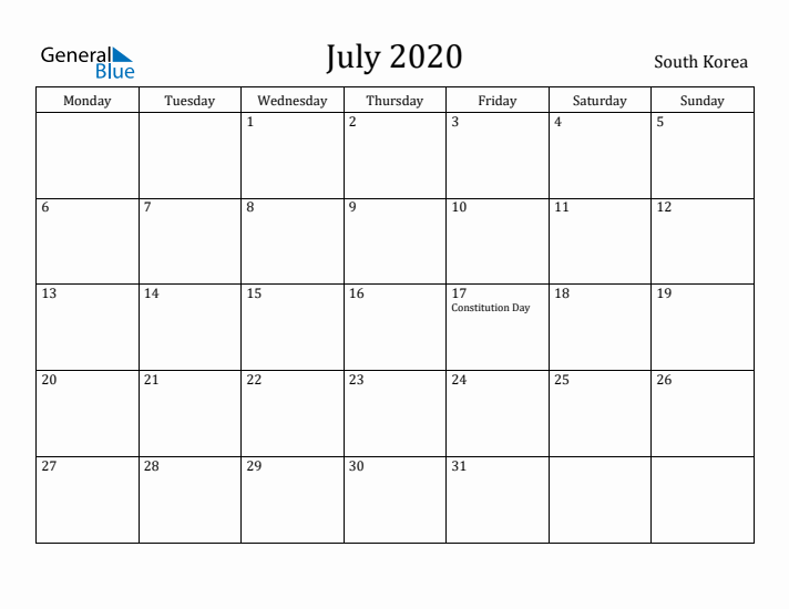 July 2020 Calendar South Korea