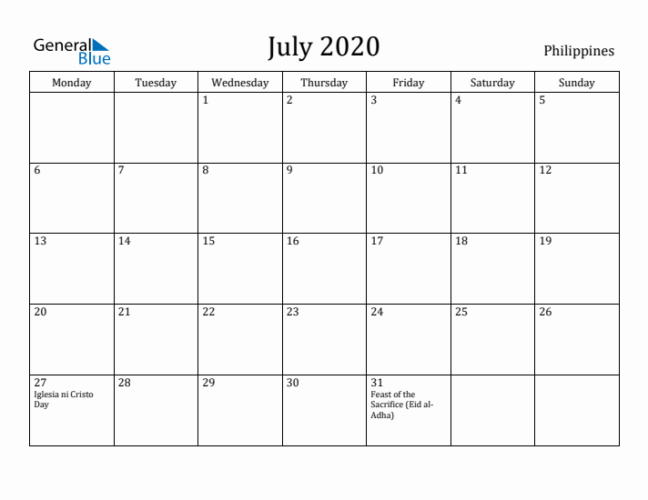 July 2020 Calendar Philippines