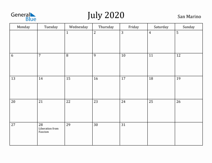 July 2020 Calendar San Marino