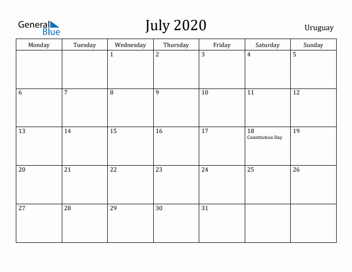 July 2020 Calendar Uruguay