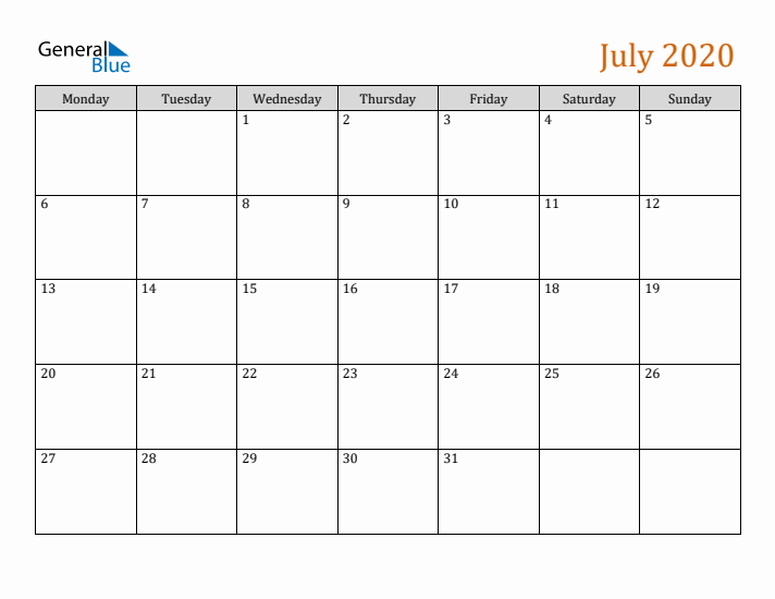 Editable July 2020 Calendar