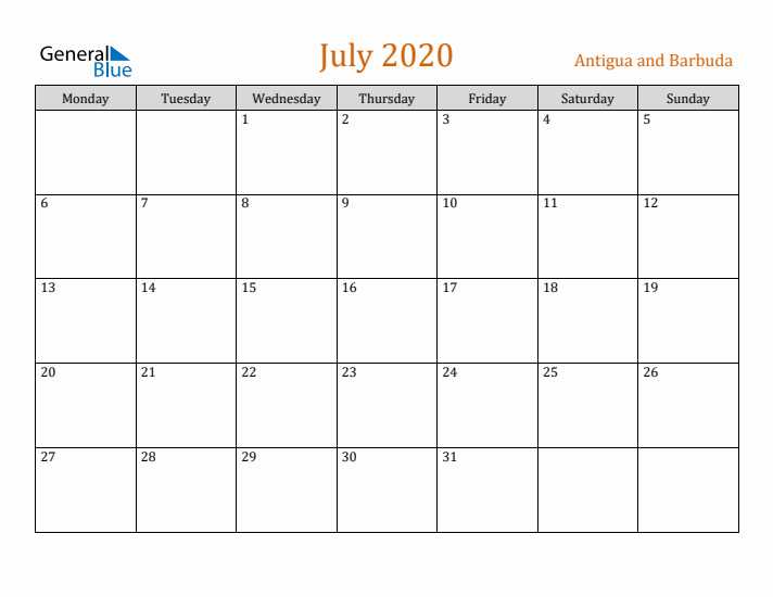 July 2020 Holiday Calendar with Monday Start