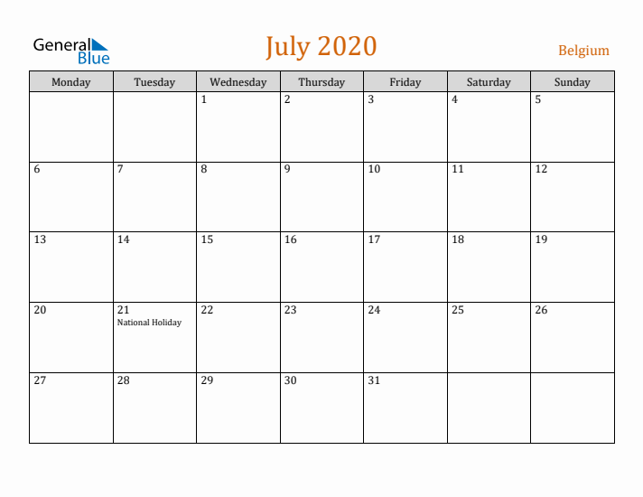 July 2020 Holiday Calendar with Monday Start