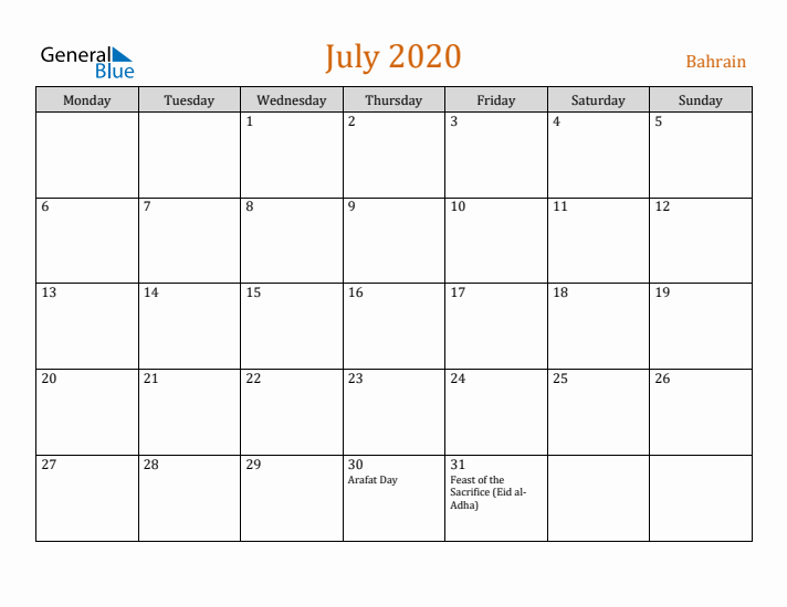 July 2020 Holiday Calendar with Monday Start