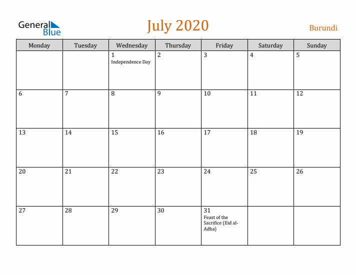 July 2020 Holiday Calendar with Monday Start