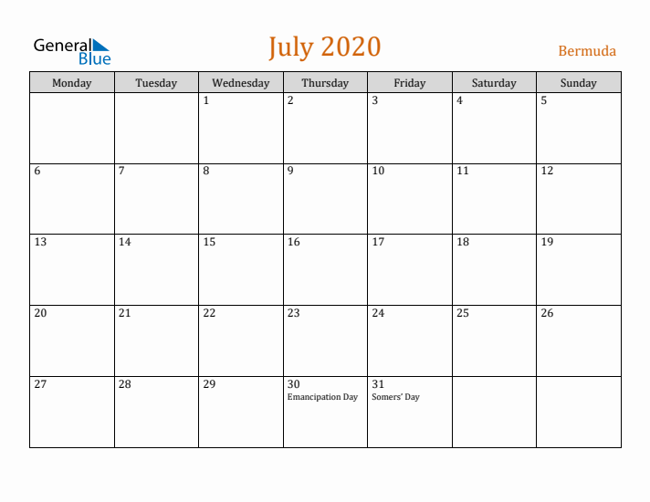 July 2020 Holiday Calendar with Monday Start