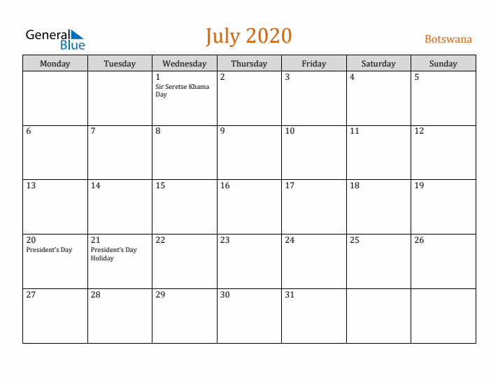 July 2020 Holiday Calendar with Monday Start