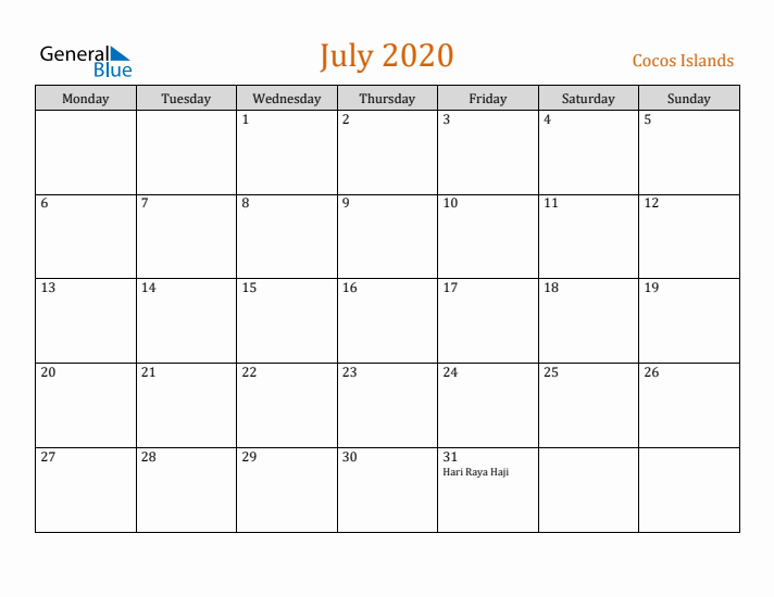 July 2020 Holiday Calendar with Monday Start