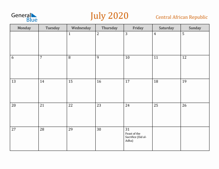 July 2020 Holiday Calendar with Monday Start