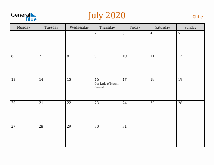 July 2020 Holiday Calendar with Monday Start