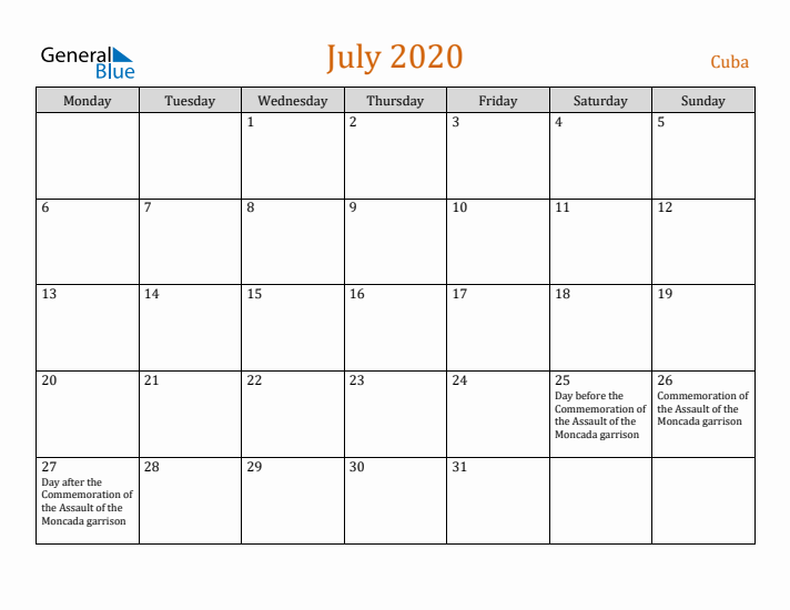 July 2020 Holiday Calendar with Monday Start