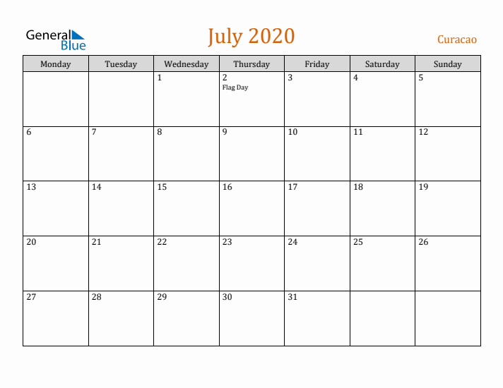 July 2020 Holiday Calendar with Monday Start