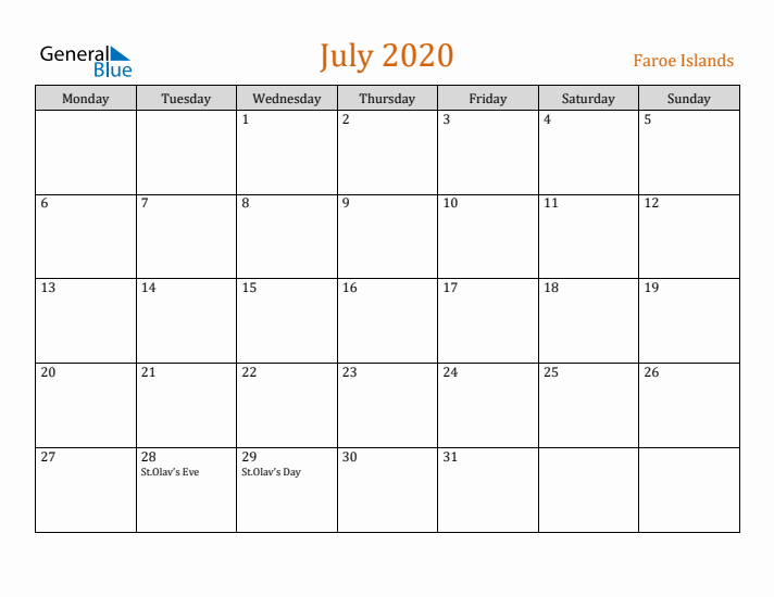 July 2020 Holiday Calendar with Monday Start