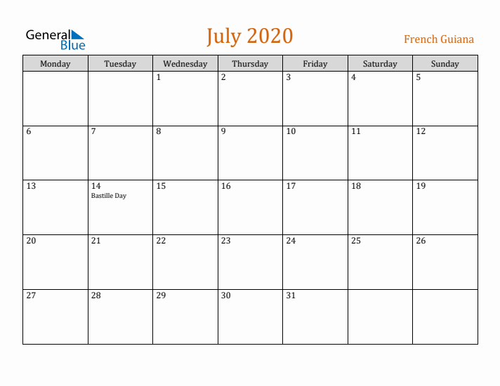 July 2020 Holiday Calendar with Monday Start