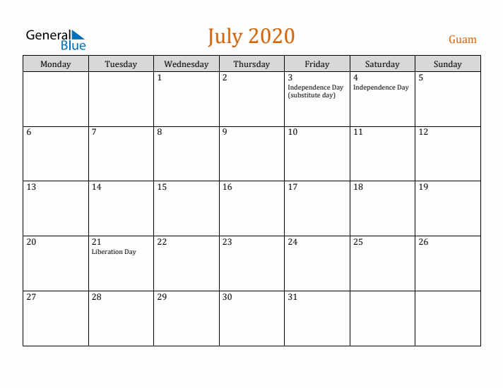 July 2020 Holiday Calendar with Monday Start