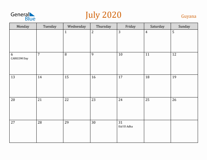 July 2020 Holiday Calendar with Monday Start