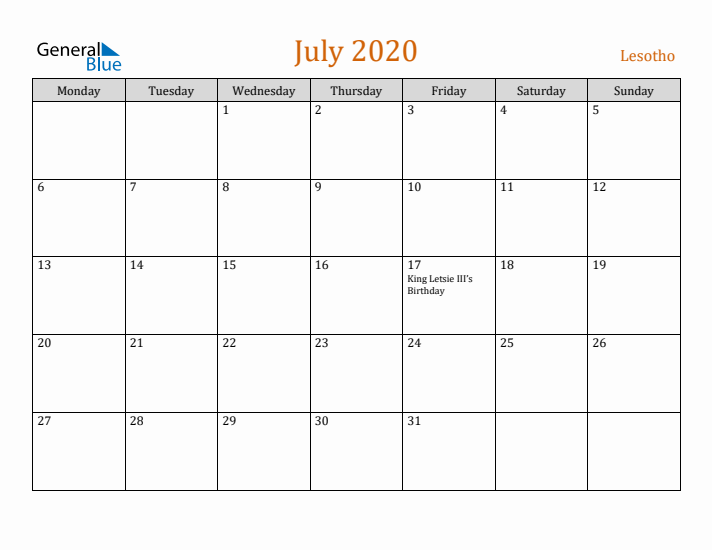 July 2020 Holiday Calendar with Monday Start