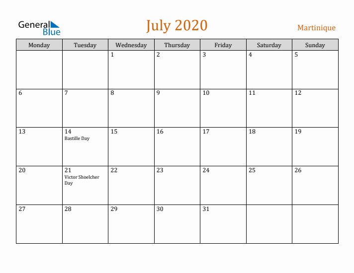 July 2020 Holiday Calendar with Monday Start