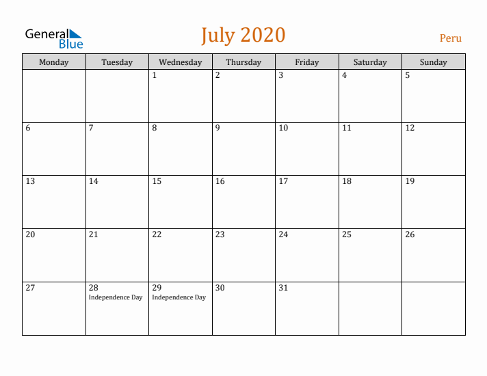 July 2020 Holiday Calendar with Monday Start