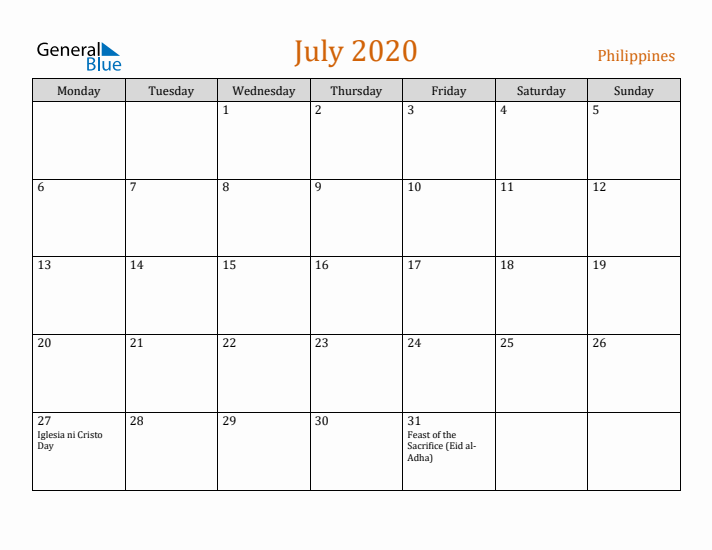 July 2020 Holiday Calendar with Monday Start