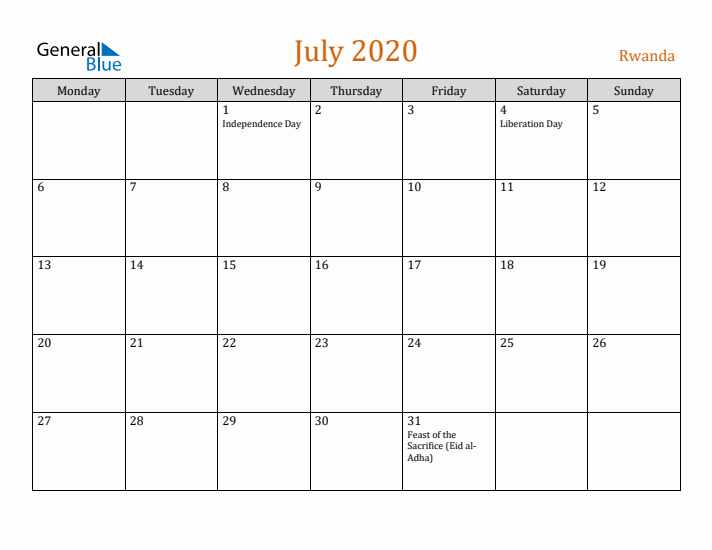 July 2020 Holiday Calendar with Monday Start