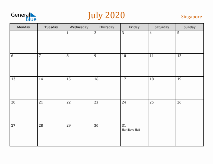 July 2020 Holiday Calendar with Monday Start